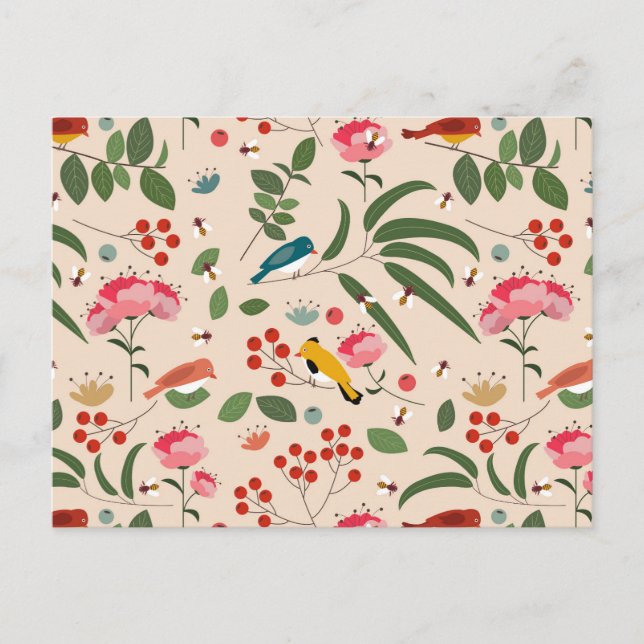 Cartão Postal De Festividades Pássaros Florais De Mão Abelhas Padrão Botânico (Frente)