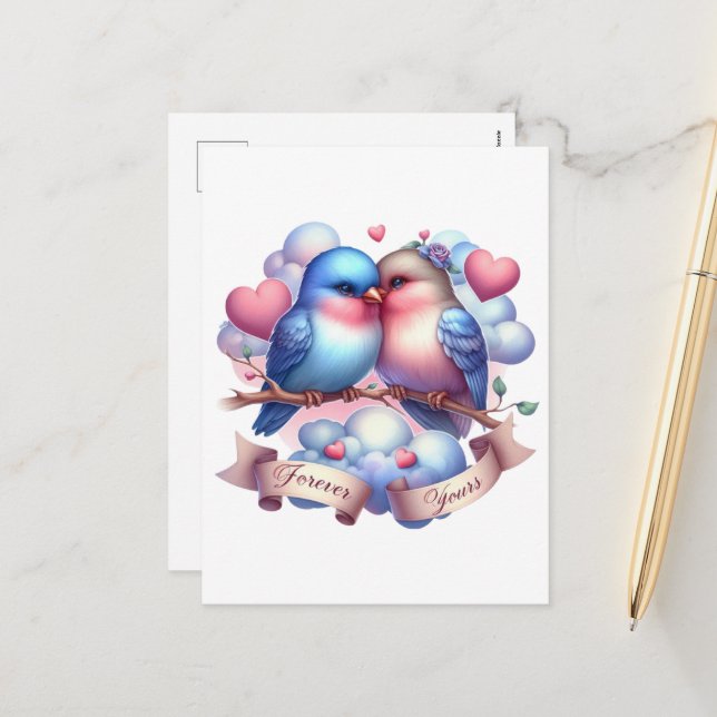 Cartão Postal De Festividades Pássaros lindos amam para sempre seu Namorados (Frente/Verso In Situ)