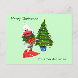 Cartão Postal De Festividades Pato branco e bonito de Natal Vestindo uma coroa