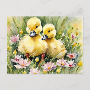 Cartão Postal De Festividades Patos de Aquarelas no Prado de Flores Selvagens
