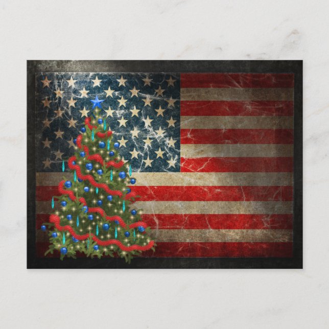 Cartão Postal De Festividades Patriotic American Flag and Christmas Tree (Frente)