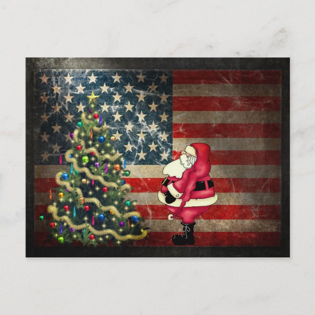 Cartão Postal De Festividades Patriotic American Flag, Santa and Christmas Tree (Frente)