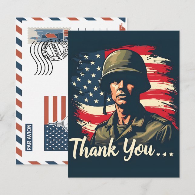 Cartão Postal De Festividades Patriotic Soldier Holding US Flag Postcard (Frente/Verso)