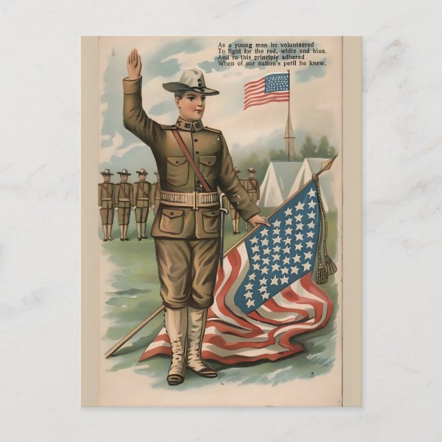 Cartão Postal De Festividades Patriotic Soldier Holding US Flag Postcard (Frente)