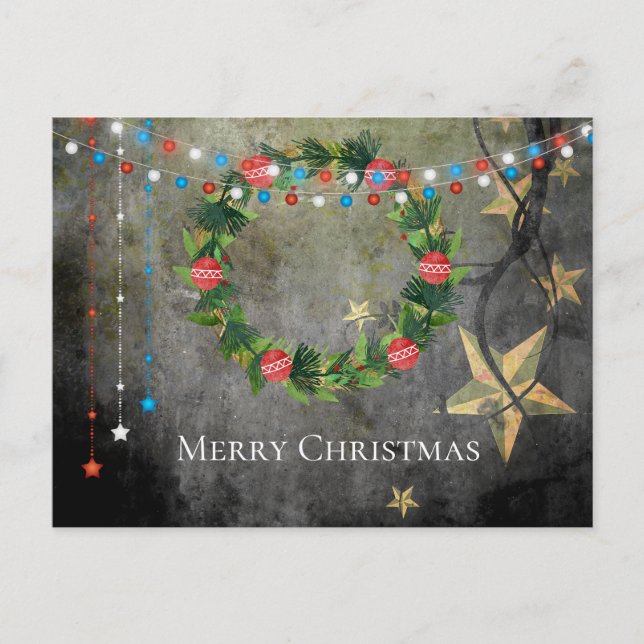 Cartão Postal De Festividades Patriotic Stars n Lights ~ Merry Christmas Wreath (Frente)