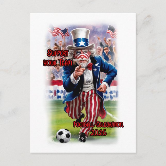 Cartão Postal De Festividades Patriotic Uncle Sam playing Soccer on a (Frente)