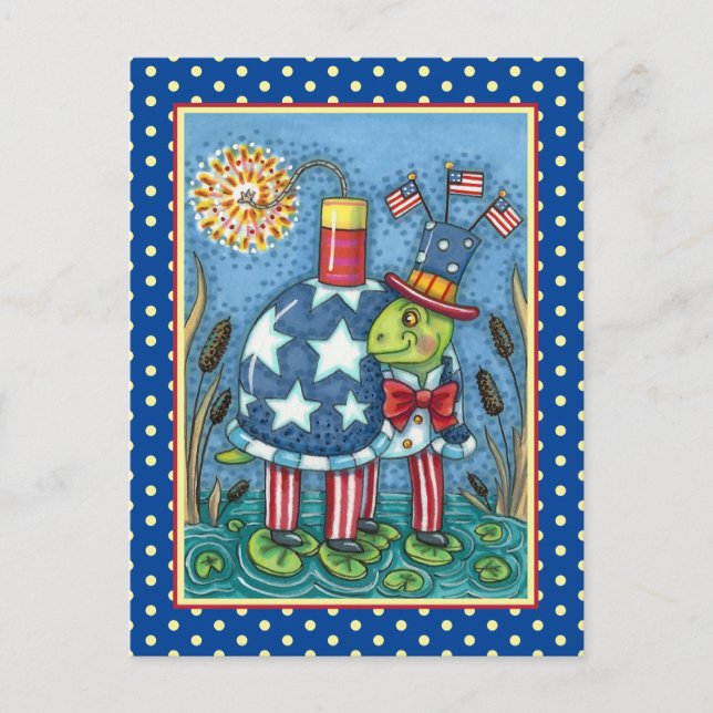 Cartão Postal De Festividades PATRIOTIC UNCLE SAM TURTLE, FUNNY FIRECRACKER Cute (Frente)