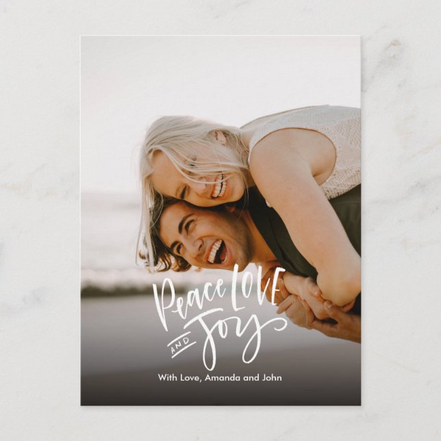 Cartão Postal De Festividades Paz amor Alegria | Foto completa Letra Moderna à M (Frente)