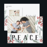 Cartão Postal De Festividades Paz de Fotos de Botânicos Tipográficos<br><div class="desc">Cartão Postal. Completamente personalizável de todas as formas possíveis, esta nova coleção de cartões de férias apresenta os nossos frutos de inverno pintados manualmente e trabalho de arte de folhagem. Boas saudações modernas entrelaçadas entre a trabalho de arte faz uma declaração tipográfica caprichosa que se destaca. Esta coleção inclui várias...</div>