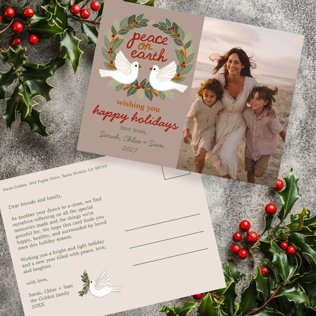 Cartão Postal De Festividades Paz na Terra Dói FOTO PERSONALIZADA DE Natal (Peace on Earth Doves Christmas CUSTOM PHOTO Holiday Postcard
)