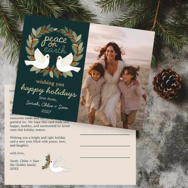 Cartão Postal De Festividades Paz na Terra Dói FOTO PERSONALIZADA DE Natal (Peace on Earth Doves Christmas CUSTOM PHOTO Holiday Postcard
)