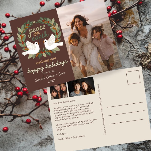 Cartão Postal De Festividades Paz na Terra Dói Natal PERSONALIZADO 3 FOTO (Peace on Earth Doves Christmas CUSTOM 3 PHOTO Holiday Postcard
)