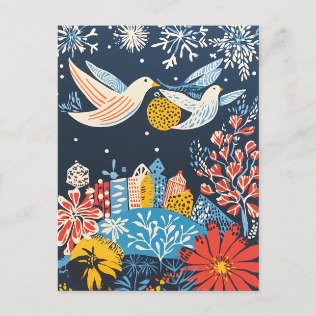 Cartão Postal De Festividades Paz na Terra, Pássaros Festivos Natureza Charme (Frente)