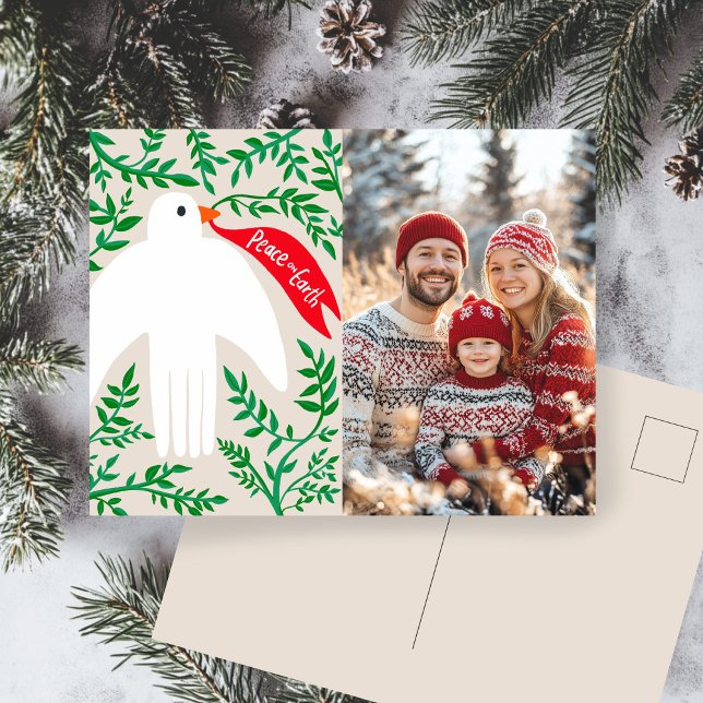 Cartão Postal De Festividades Paz na Terra Pombo Natal FOTO PERSONALIZADA (Peace on Earth Dove Christmas CUSTOM PHOTO Hand Drawn Holiday Postcard
)