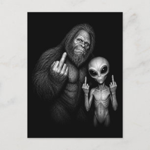 Cartão Postal De Festividades Pé Grande Sasquatch Alien Espacial Dedo do Meio