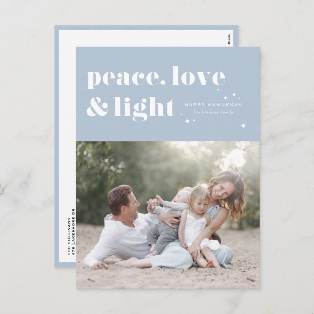 Cartão Postal De Festividades Peace Love and Light Blue Hanukkah Photo (Frente/Verso)