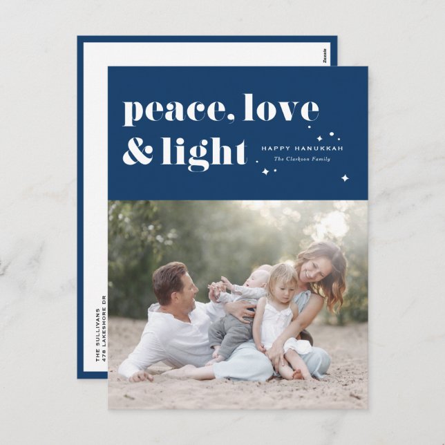Cartão Postal De Festividades Peace Love and Light Marinho Blue Hanukkah Photo (Frente/Verso)