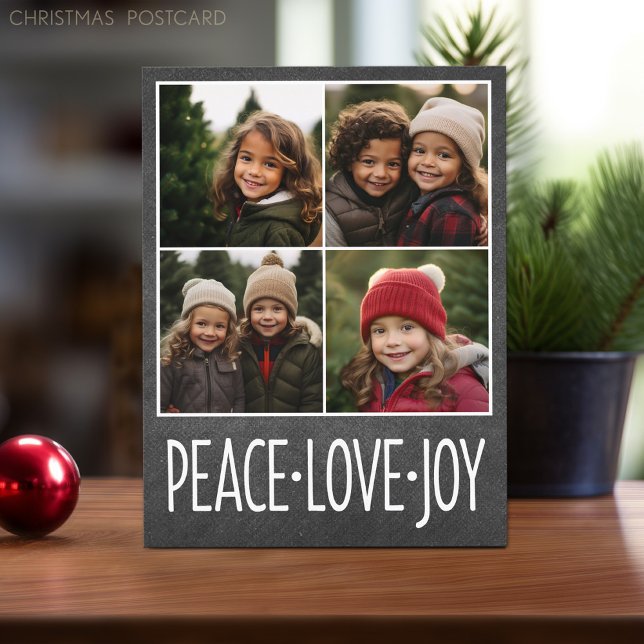 Cartão Postal De Festividades Peace Love Joy Chalkboard 4 Photo Collage (Christmas Postcard with 4 photos)
