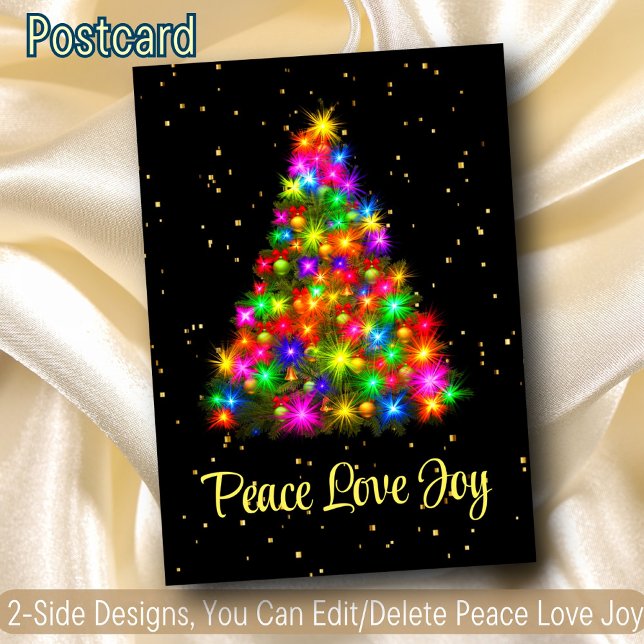 Cartão Postal De Festividades Peace Love Joy Christmas Tree Lights 2 Side Design (Criador carregado)
