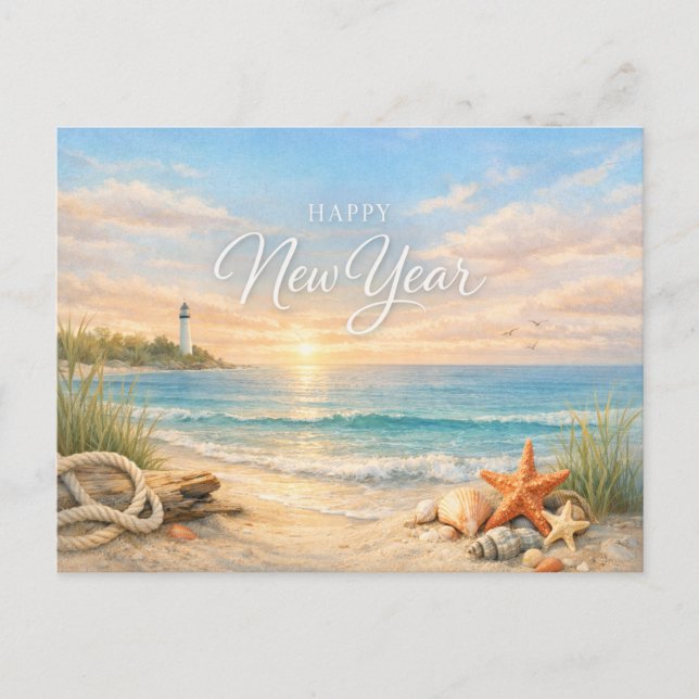 Cartão Postal De Festividades Peaceful Coastal Lighthouse New Year (Frente)