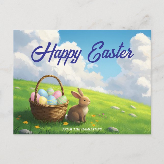 Cartão Postal De Festividades Peaceful Easter Spring Meadow Bunny & Egg Basket (Frente)