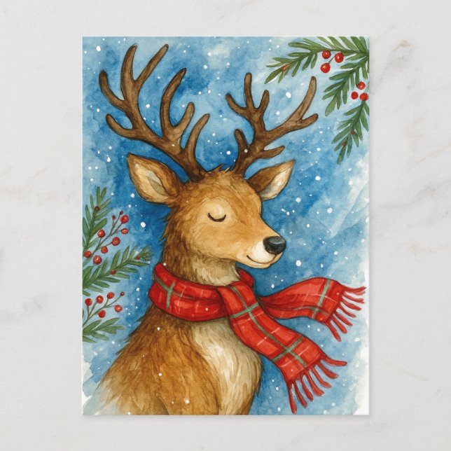 Cartão Postal De Festividades Peaceful Reindeer Red Scarf Christmas Postcard (Frente)
