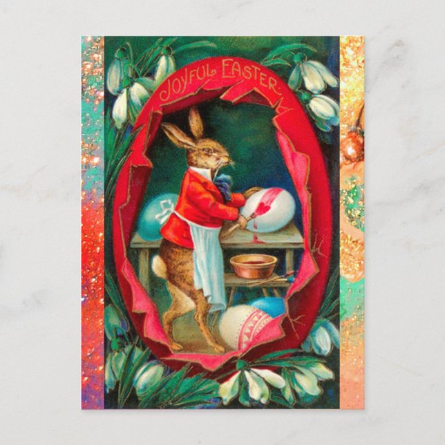 CARTÃO POSTAL DE FESTIVIDADES PEDRAS DE NEVE COM COELHO PINTANDO OVOS LESTE (Frente)