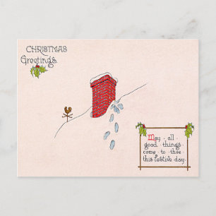 Cartão Postal De Festividades Pegadas do Papai Noel na Chaminé Catavento de Neve