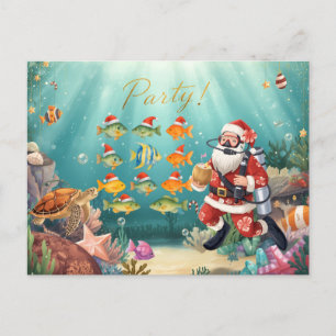 Cartão Postal De Festividades Peixe usa Chapéu de Natal Festa de Natal com Papai