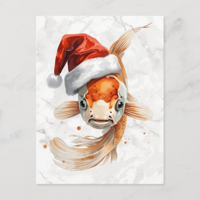 Cartão Postal De Festividades Peixes Koi Elegantes em Chapéu de Natal Aquarela (Frente)