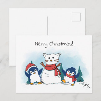Cartão Postal De Festividades Penguins building a snowman christmas 