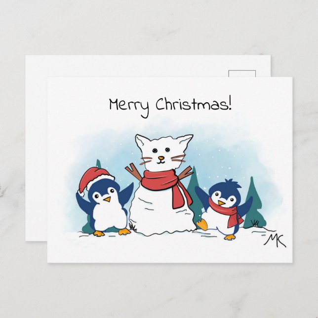 Cartão Postal De Festividades Penguins building a snowman christmas  (Frente/Verso)