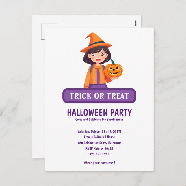 Cartão Postal De Festividades Pequena Menina Pumpkin Trick ou Treine (Frente/Verso)