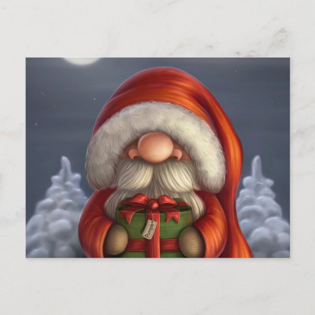 Cartão Postal De Festividades Pequenas Papais noeis com um presente (Frente)