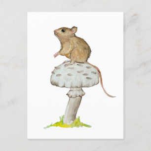 Cartão Postal De Festividades Pequeno rato engraçado com uma aquarela de cogumel