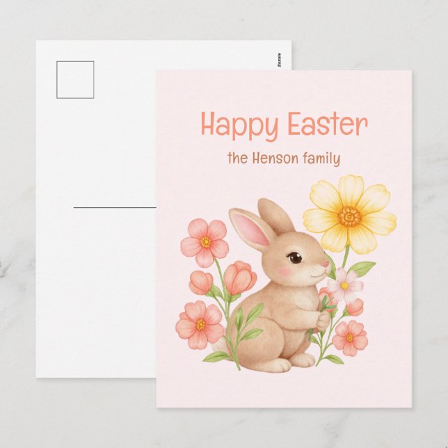 Cartão Postal De Festividades Personalized Watercolor Bunny Happy Easter  (Frente/Verso)
