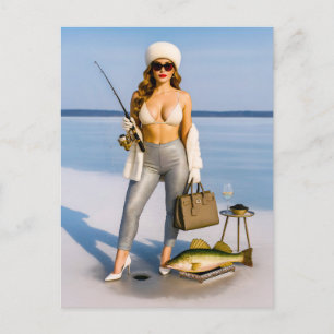 Cartão Postal De Festividades Pesca no Gelo Glamurosa com Caviar e Champanhe