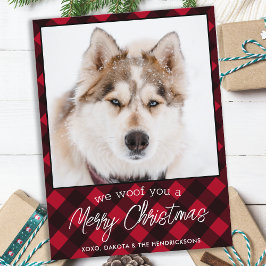 Cartão Postal De Festividades Pet Photo Personalized Red Xadrez Feliz Natal