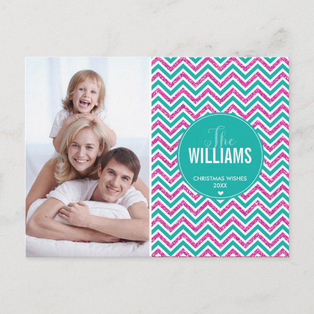 Cartão Postal De Festividades PHOTO HOLIDAY CARD chevron glitter pink jade green (Frente)