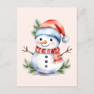 Cartão Postal De Festividades Pia-rosa branca Aquarela Snowman Natal