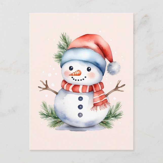 Cartão Postal De Festividades Pia-rosa branca Aquarela Snowman Natal (Frente)