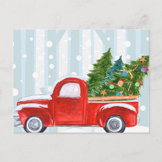 Cartão Postal De Festividades PickUp Red de Natal em uma estrada de neve (Frente)