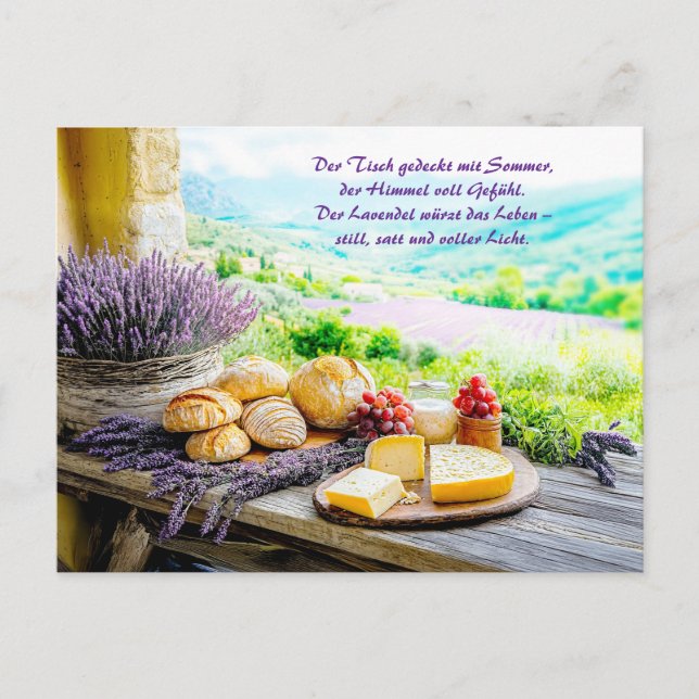 Cartão Postal De Festividades Picnic de lavanda com queijo e pão (Frente)