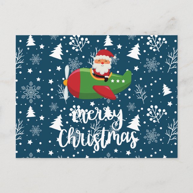 Cartão Postal De Festividades Piloto Papai Noel voando no céu Feliz Natal (Frente)