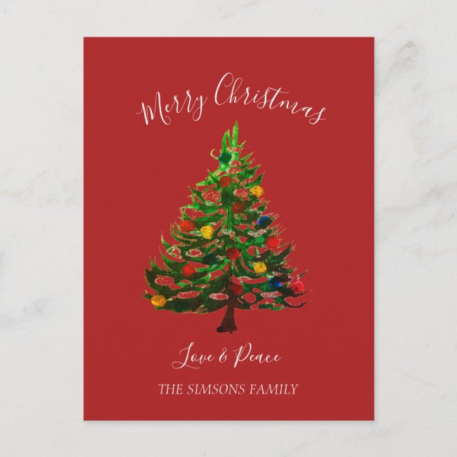 Cartão Postal De Festividades Pine de Aquarela Árvore de Natal Merry (Frente)