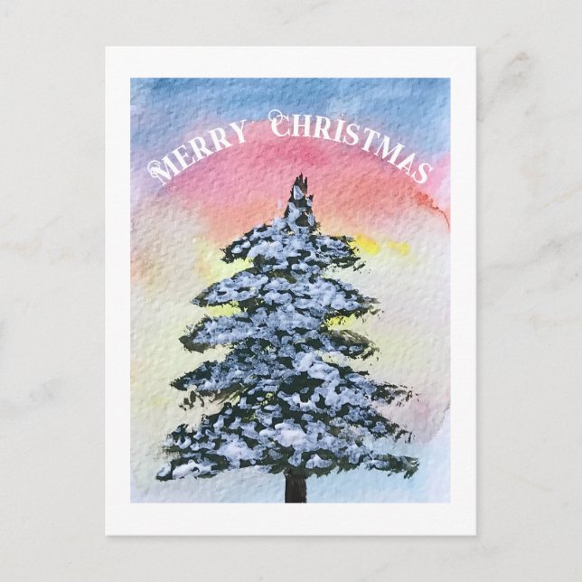 Cartão Postal De Festividades Pine de Aquarela Árvore de Natal Merry (Frente)