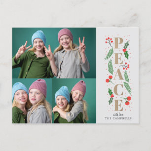 Cartão Postal De Festividades Pine Holly Berries Foto Múltipla de Paz Dourada