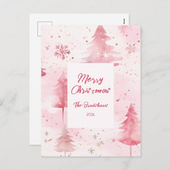 Cartão Postal De Festividades Pine Trees Pink Christmas Postcard (Frente/Verso)