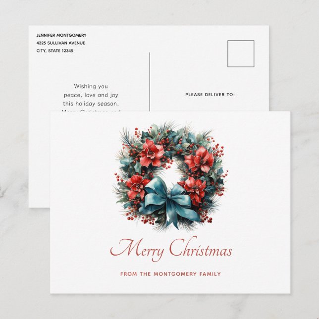 Cartão Postal De Festividades Pine Wreath com Holly Natal Holiday (Frente/Verso)
