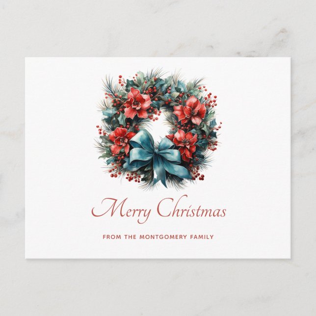 Cartão Postal De Festividades Pine Wreath com Holly Natal Holiday (Frente)